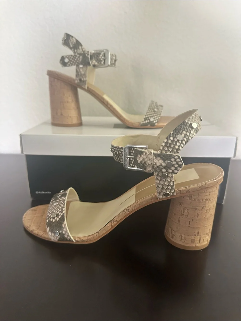 Dolce Vita Metallic Snake-Print Cork Wedge Sandals